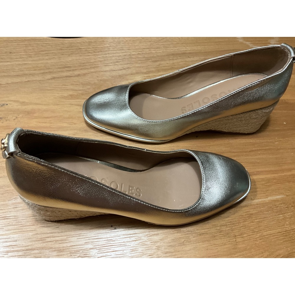 Aerosoles Aurora Champagne Gold Metallic Leather Espadrille Wedge Pumps Size 10M